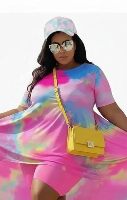 🍒Plus size shorts sets for Women summer holiday two piece tie dye long style top shorts Leggings Outfits Summer Up In Colour