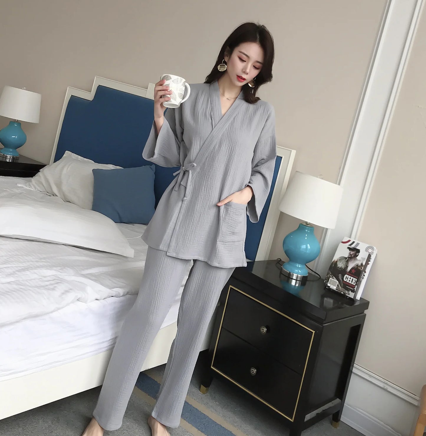 🍒Two piece japanese suit cotton crepe pajamas kimono suit lovers 100% cotton crepe pajamas long jacket and trousers set kimono suit sleepwear casual clothing leisure wear Lounge Leisurely
