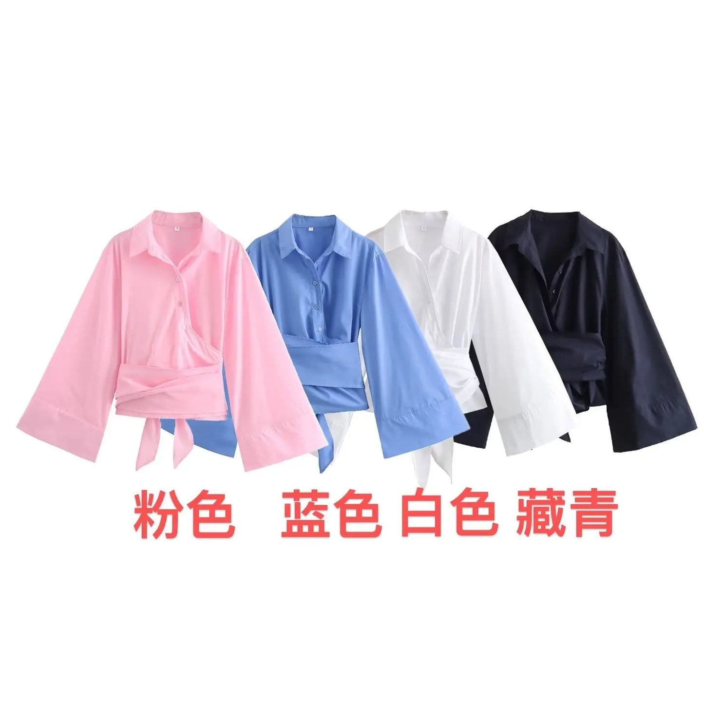 🍒Long sleeve shirt jacket women's tie top with wide sleeves female fashion clothing basic solid shirt smart casual blouse  Picture Yourself In This Pastel