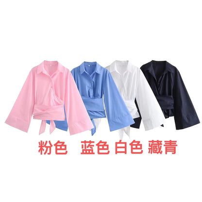 🍒Long sleeve shirt jacket women's tie top with wide sleeves female fashion clothing basic solid shirt smart casual blouse  Picture Yourself In This Pastel