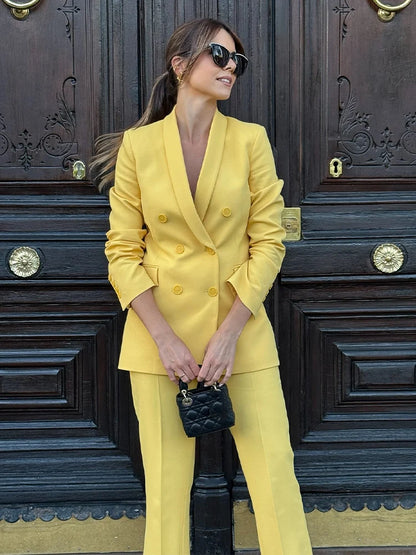 🍒Double breasted long sleeve blazer women's spring summer blazers lapel collar suit and mid waist zipper flared pants smart  casual wear YEL out and bend LOW when you get this