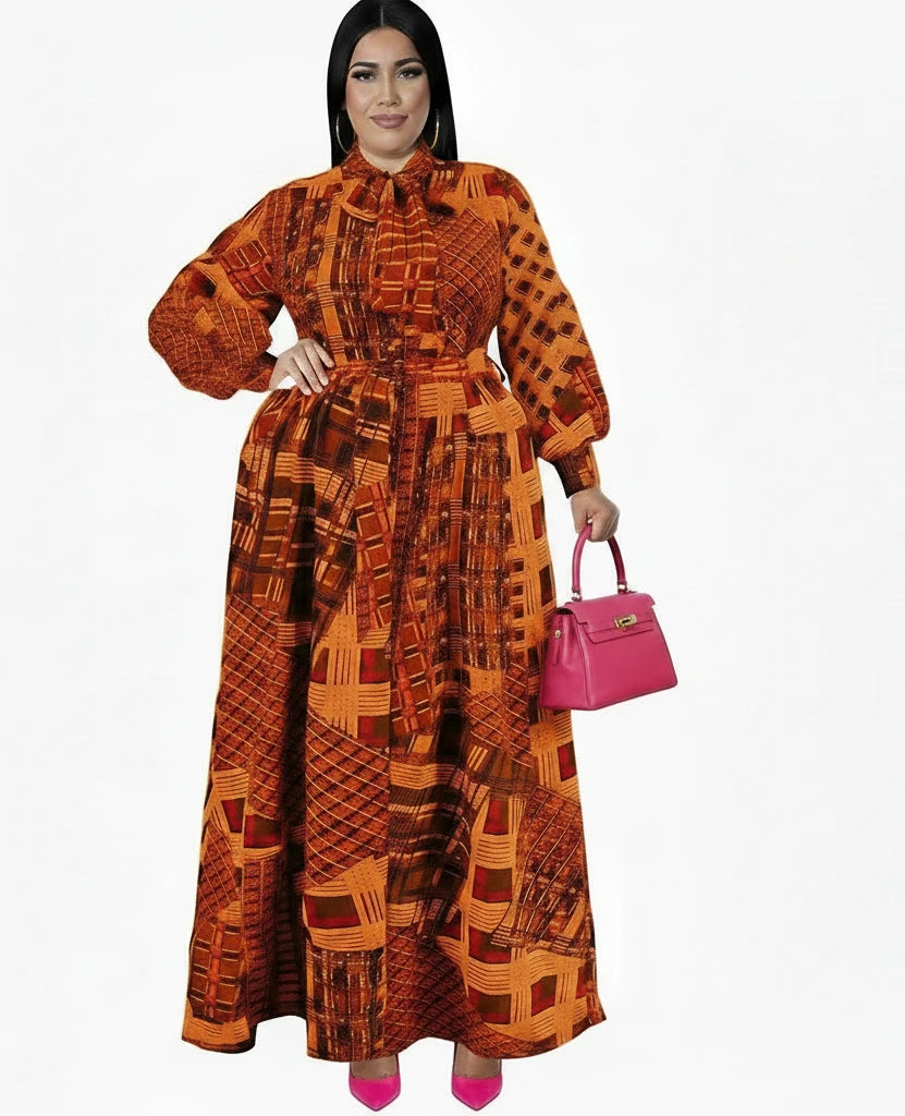 🍒Plus size vintage long sleeve dress print womens clothing fall dresses with belt loose maxi outfit long fashion smart casual women Mix Up Fashion
