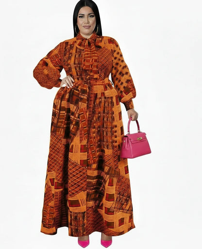 🍒Plus size vintage long sleeve dress print womens clothing fall dresses with belt loose maxi outfit long fashion smart casual women Mix Up Fashion