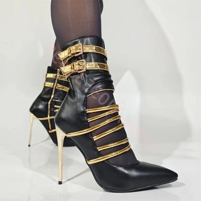 🍒Pointed toe stiletto belt buckle heels banquet shoe boots  for women short fashion footwear occasion party boots black and gold contrast Bootiful Bold Besties