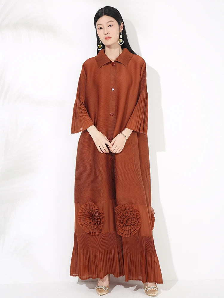🍒Loose women's dress high-end chic lapel outfit with flared sleeves 3d floral fashion maxi  single breasted coat dress party occasion wear Flowers At Your Feet frock
