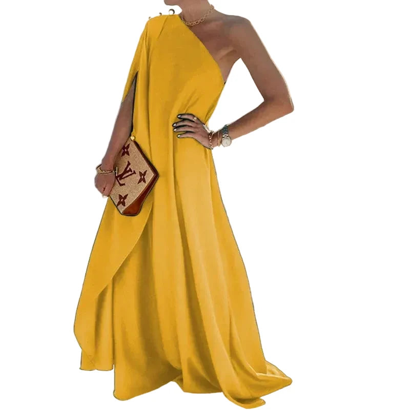 🍒One shoulder outfit plus size holiday dress floor length solid pleated loose fitting occasion wear holiday wear beach fashion women vacation party wear with scarf and side attach detail summer clothing Unleash Some Greech