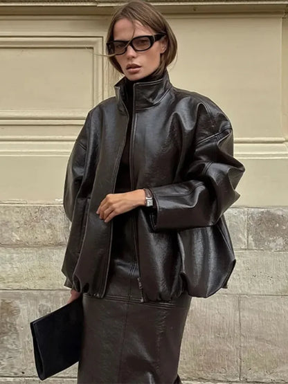 🍒Leather fashion jackets women skirt sets zipper loose coat wth stand up collar and straight midi skirt chic autumn party wear occasion wear smart casual clothing for women They Will Envy Your Leather