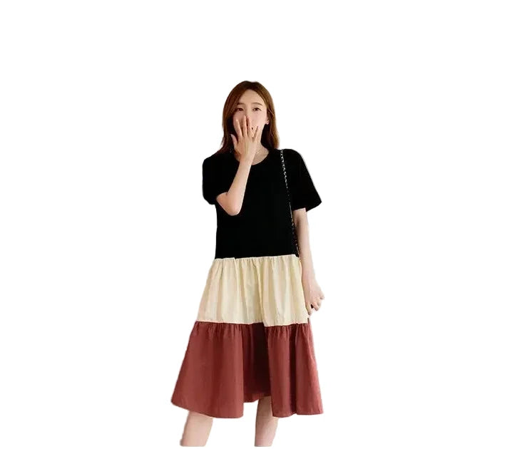 🍒T-shirt dress women colour block outfit loose fit plus size summer fashion stripe clothing stylish medium length over knee a-line fashion wear holiday wear Blocks Of Style