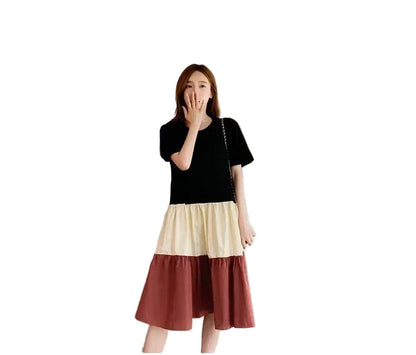 🍒T-shirt dress women colour block outfit loose fit plus size summer fashion stripe clothing stylish medium length over knee a-line fashion wear holiday wear Blocks Of Style