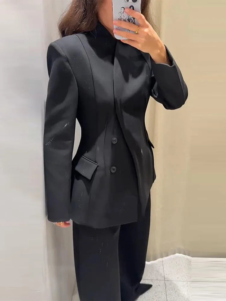 🍒Casual black blazer and pants set long sleeve jacket with fitted waist and long kick flare solid straight pant set women spring autumn suits  ‘Well fit