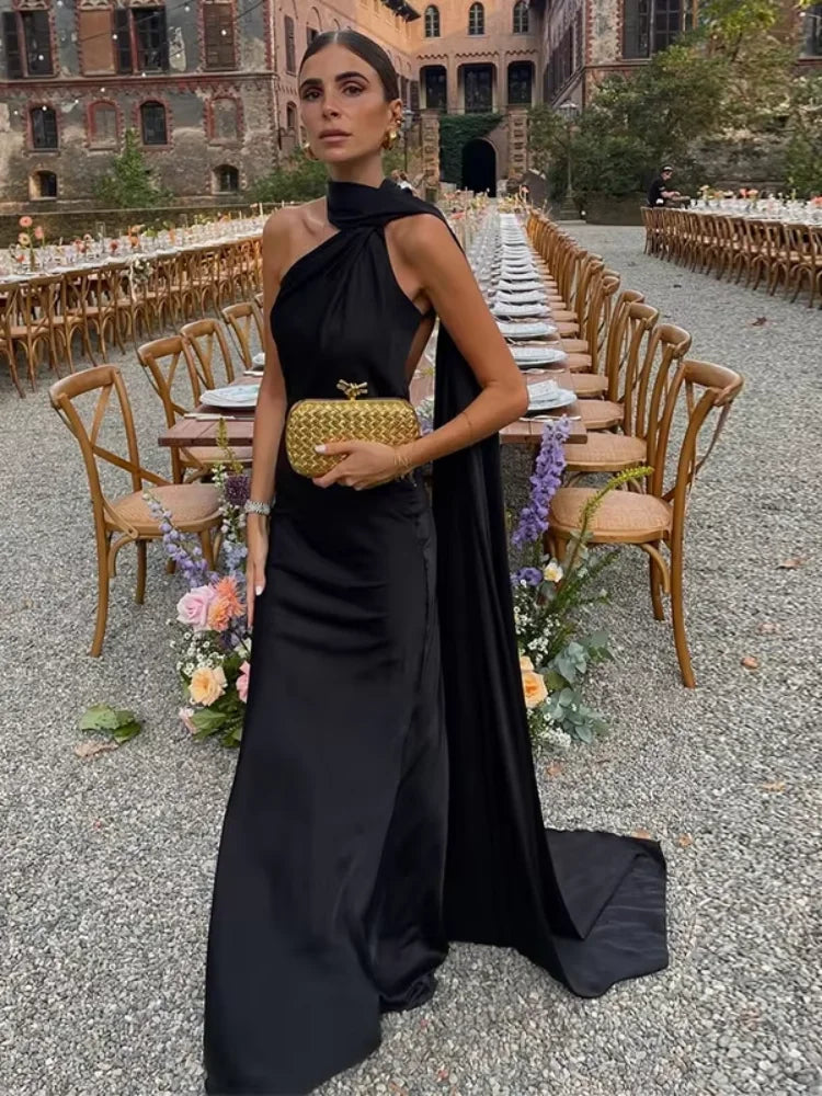 🍒Satin halter neck dress with scarf collar maxi dresses for women sleeveless backless long dress holiday wear evening party outfits Get Ready For A Trail Of Compliments