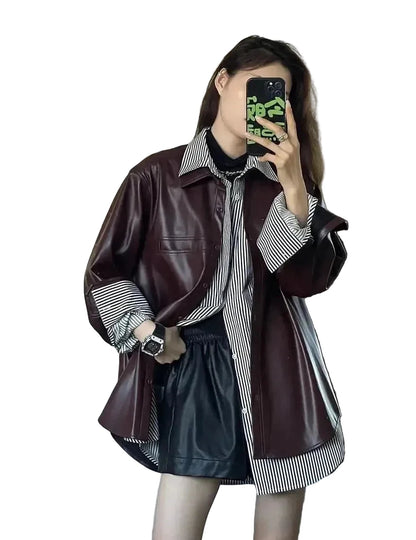 🍒Shirt style jackets faux leather womens oversized outerwear solid single breasted spring/autumn stylish vintage turn-down collar windbreak casual coats chic female clothing     Luvly Lazy-Like Leather Look