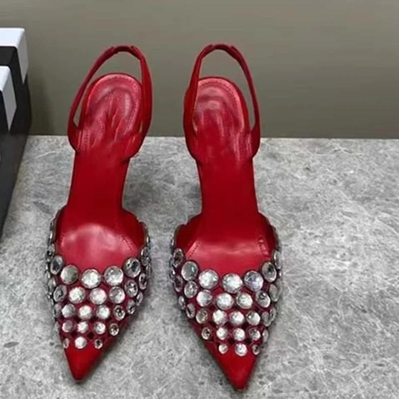 🍒Crystal slingback sandals pointed toe stilettos heels ankle strap occasion shoes footwear evening pumps for women modern party shoes On Point Fashion