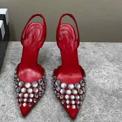 🍒Crystal slingback sandals pointed toe stilettos heels ankle strap occasion shoes footwear evening pumps for women modern party shoes On Point Fashion