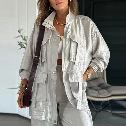 🍒Elegant casual single breasted utility coat jacket and matching pants suit women's retro loose large pocket solid colour two piece set Pocket These Pants And Jacket The Saving