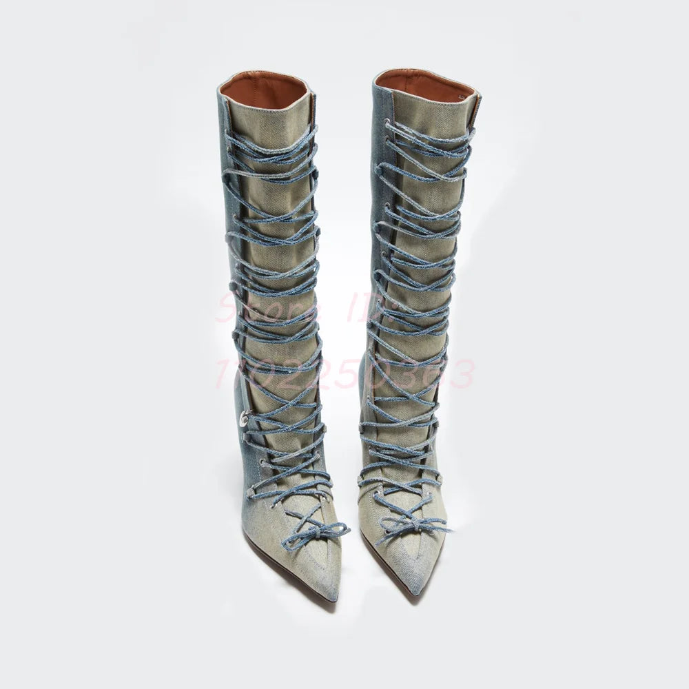 🍒Lace up jeans boots blue with heel long pointed toe stilettos runway fashion shoes modern denim footwear for women Dressy Denims