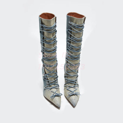 🍒Lace up jeans boots blue with heel long pointed toe stilettos runway fashion shoes modern denim footwear for women Dressy Denims
