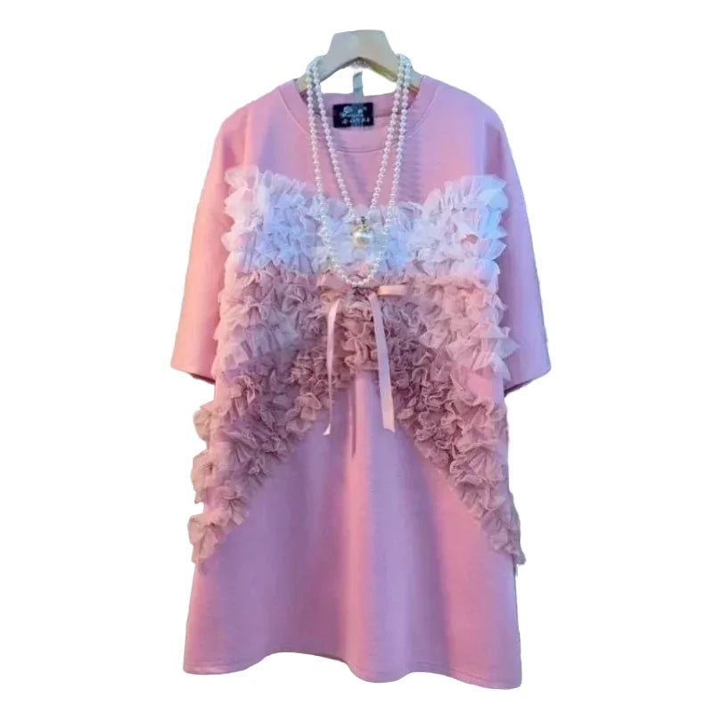 🍒Mesh lace ruffle tee shirt women 3d bow loose summer wear tops for girls mid length ruched chiffon t-shirt short sleeve  Perfect Partying Pink