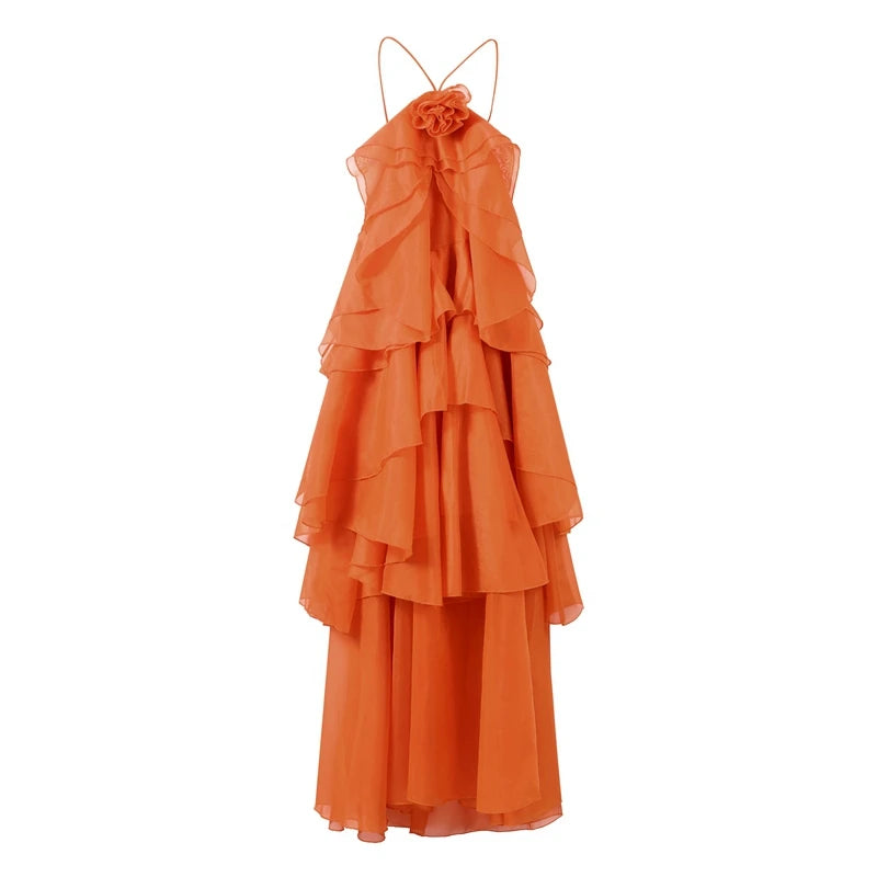 🍒Ruffles long dress for women 3d fower backless sleeveless outfit slim fit maxi dress summer fashion clothing holiday party wear beach layer occasion clothes Maxi-mum Ruffle Without Kerfuffle