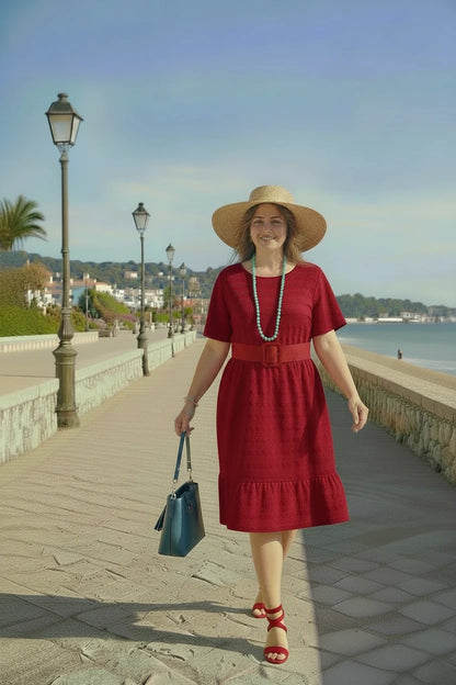 🍒Short sleeve dress plus size fashion over knee outfit round neck short sleeve frilled  fashion wear loose casual cheese cloth clothing women   Cheese Ease