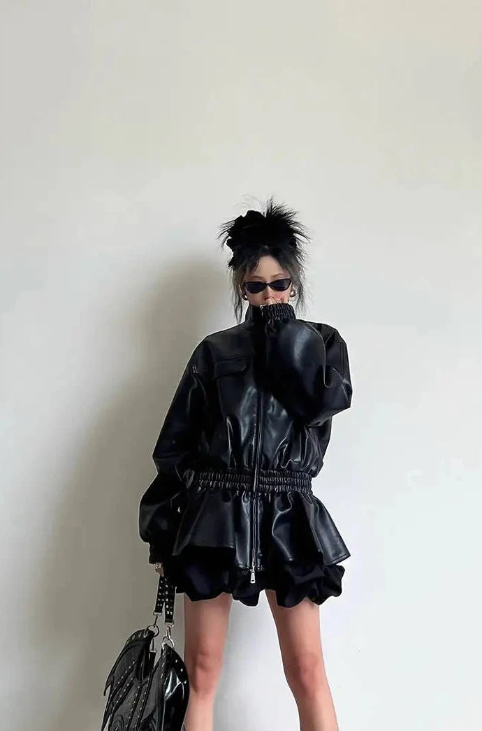 🍒Black pu leather jacket elastic waist ruffle hem coat with elasticated waist for women long sleeve loose fit fashion autumn spring female smart casual outerwear EXPAND Your look with This ELASTICATED waist