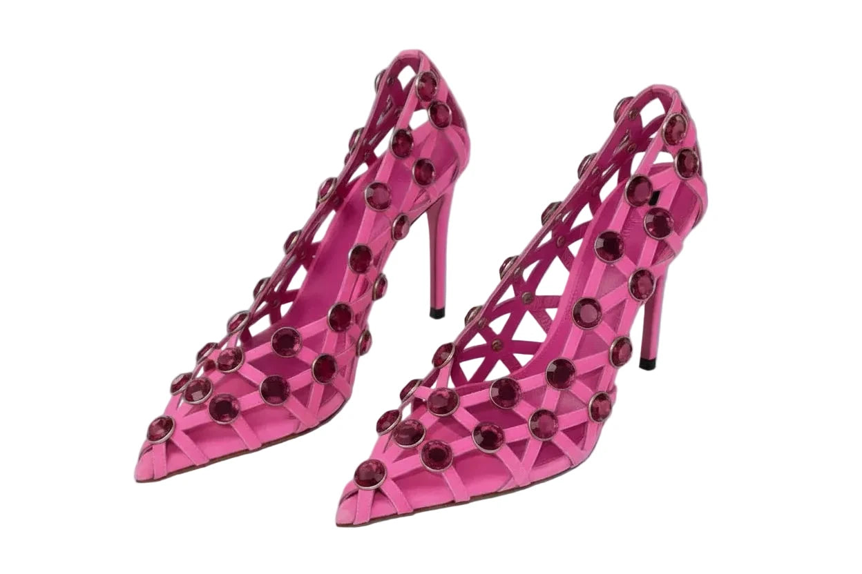 🍒crystal sandal shoe breathable hollow crystal gem cross design high heels fashion pointed toe pumps for women slip on stiletto party occasion shoes 'Casion Crystal Cross Cool