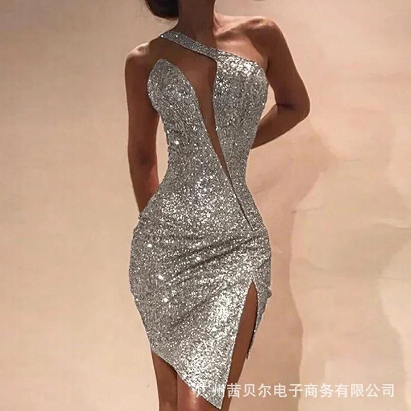 🍒One shoulder dress with slit in front women bodycon sleeveless high waist bodycon backless mini outfit golden backless occasion party fashion Get An Angle On Gold Fashion