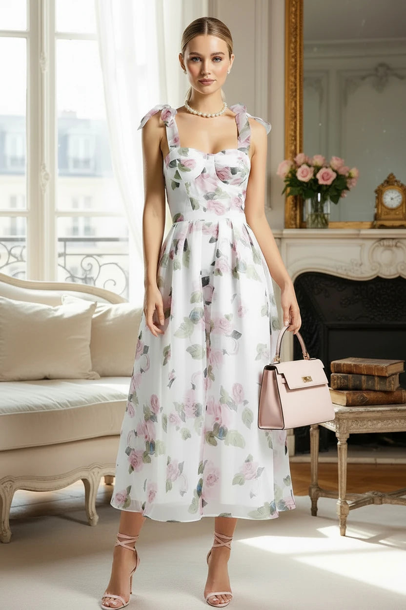 🍒High waist party dress with bodice and full skirt elegant floral print for summer fashion  sleeveless a-line dress off shoulder outfit women Fun Floaty Floral