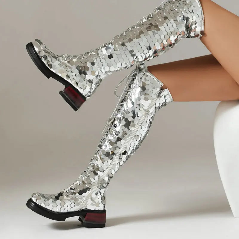 🍒Womens chumky boots over the knee zipped thick bottom sequined boots silver 5CM block heel club party long metalic footwear round toe plus size Road Block Blocks