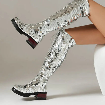 🍒Womens chumky boots over the knee zipped thick bottom sequined boots silver 5CM block heel club party long metalic footwear round toe plus size Road Block Blocks