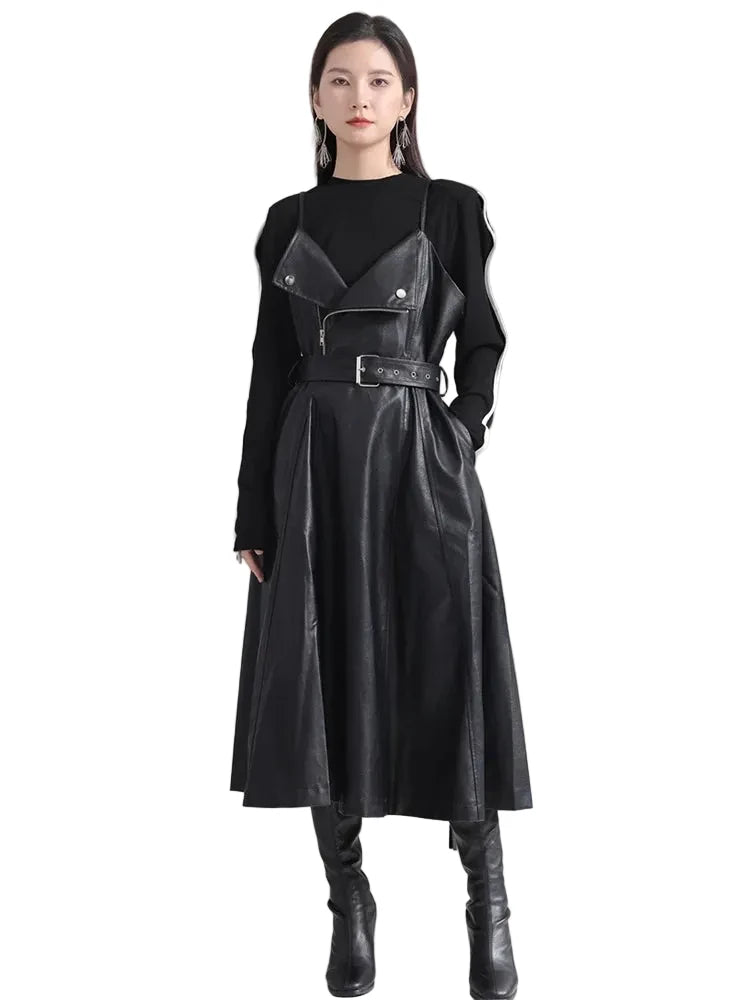 🍒Black faux leather dress spaghetti strap pu outfit with zip front sleeveless belted midi a-line dress party occasion wear sleeveless wear for women Like A Biker