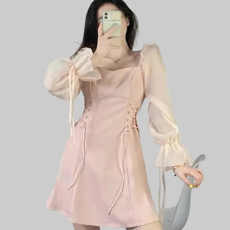 🍒Pienk rokke vroue lente somer lieflingneklynuitrusting a-lyn mini rok met pofmoue kantopryg trekkoordkante middel vroulike mode A- Pragtige Pienk