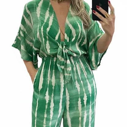 🍒Women's Jumpsuits tie dye Summer relaxed outfits casual  clothing for ladies v-neck one piece tie bow fashion loose wide leg Jumpsuit rompers S-XXXL  tye this tie Into Your style