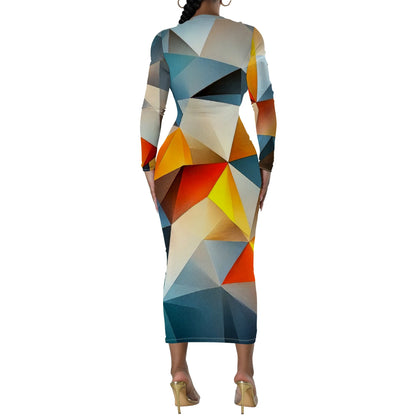 🍒Plus size geometric midi dress full sleeve bodycon women's party vacation outfit bright color clothes date night workwear Drink Wine In A Cut Glass