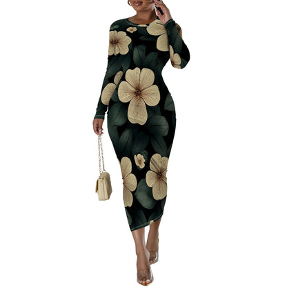 🍒Blommetjiesrokke vir vroue met o-nek, langmou, mode-rekbare somerklere, noupassende bodycon midi slim gemaklik Jy Sal Nie Hierdie Rok Los Nie