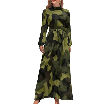 🍒Militêre kamoefleerrok hoë middellyf uitrusting boheemse sjiek langmou maxi stylvolle slim gemaklike klere vroue Camodel Camo