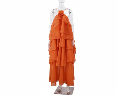 🍒Ruffles long dress for women 3d fower backless sleeveless outfit slim fit maxi dress summer fashion clothing holiday party wear beach layer occasion clothes Maxi-mum Ruffle Without Kerfuffle