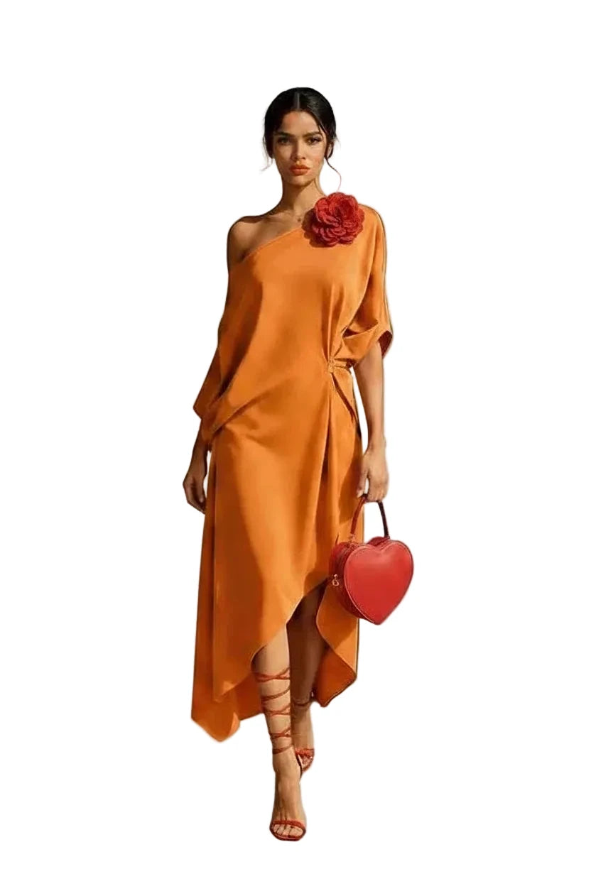 🍒Cold shoulder midi dress loose solid draped knot waist Irregular hem outfit for occasion holiday evening wear women elegant guest wear Pretty Perfect Pinched