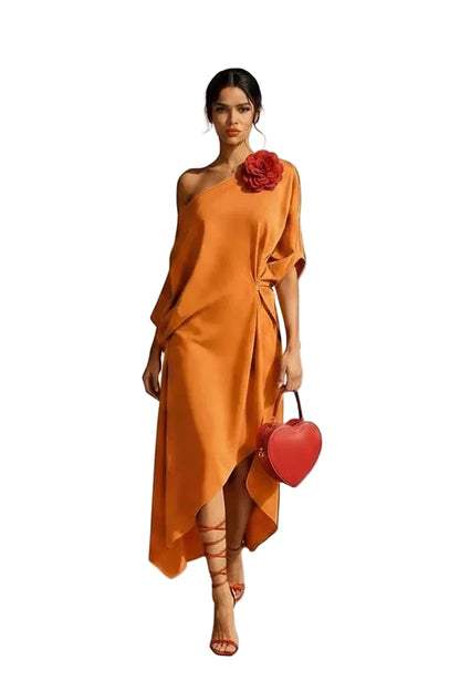 🍒Cold shoulder midi dress loose solid draped knot waist Irregular hem outfit for occasion holiday evening wear women elegant guest wear Pretty Perfect Pinched