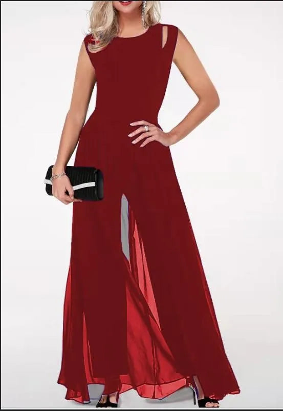 🍒Summer long jumpsuits for women round neck sleeveless outfit milk silk solid colour occasion wear