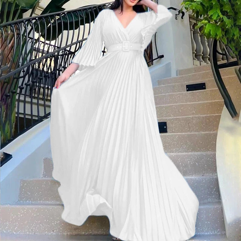 🍒 Aandete partytjie rok V-nek ontwerp geplooide vroue mode drag elegante maxi uitrusting met gordel langmou mode geleentheid drag partytjie drag Heeltemal Uitgeplooide Affêre
