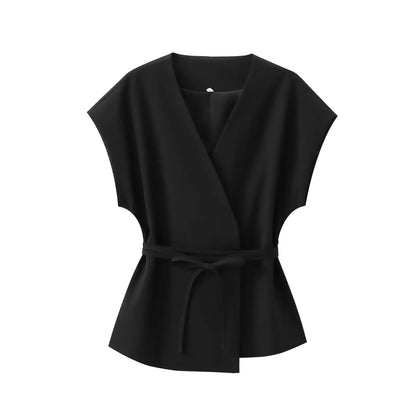 🍒Trouser suits for women sleeveless v-neck top with belt and straight pants wide leg sets spring summer clothing smart casual clothes party occasion wear two piece Two Piece Ease