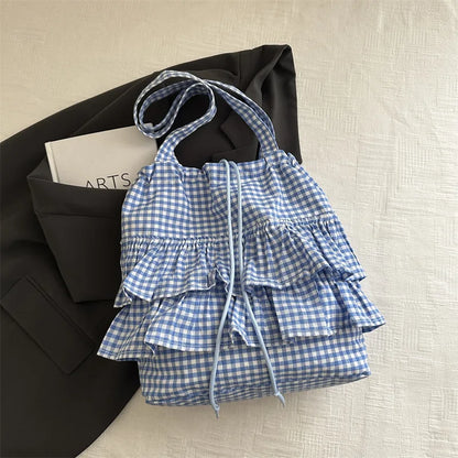 🍒Fashion ruffles check womens drawstring shoulder bag girls commuter womens simple shoulder bag tote bag large capacity handbags