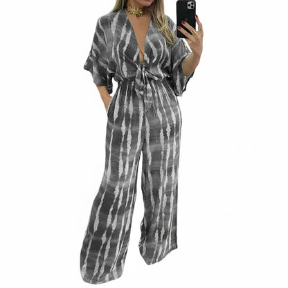🍒Women's Jumpsuits tie dye Summer relaxed outfits casual  clothing for ladies v-neck one piece tie bow fashion loose wide leg Jumpsuit rompers S-XXXL  tye this tie Into Your style