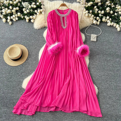 🍒Pleated long dress for women white maxi outfit wedding guest wear diamond and feather detail long sleeve elegant party occasion wear long sleeve club wear Look Diamond In Pleats