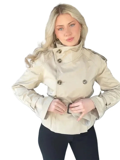 🍒Flared sleeve jacket belt coat for women elegant stand collar double breasted coat long sleeved outerwear female autumn winter fashion commuter keep abreast of belted double breast