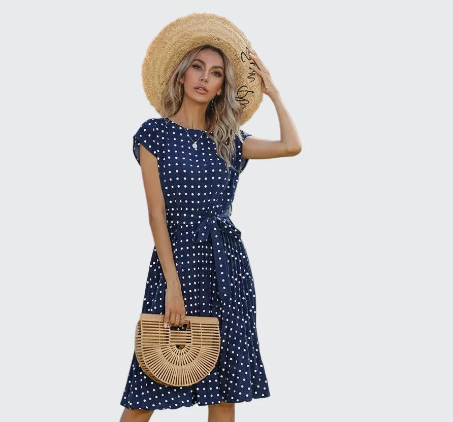 🍒Summer dresses for women high waist midi outfit with pleats elegant pleated polka dots short sleeve fashion office clothing vacation wear  Don’t Delay Dotties