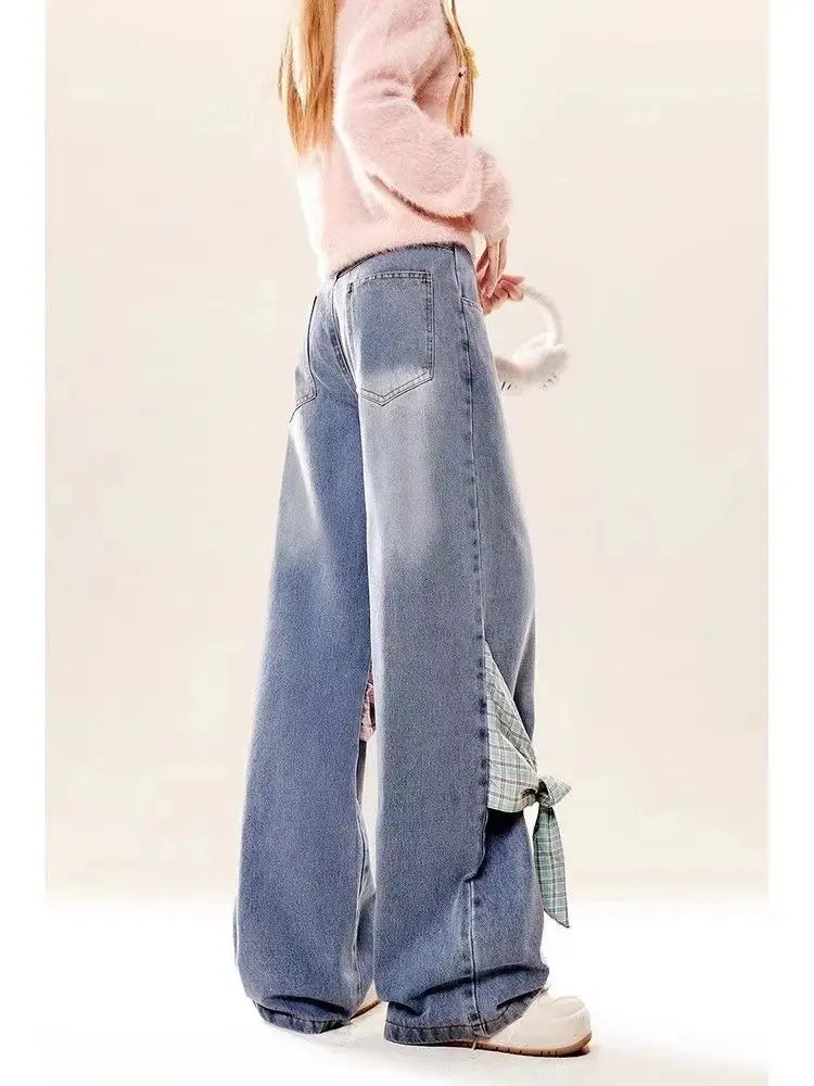 🍒American retro checkered patchwork bows women jeans with bows in them tie and loose as preferred Y2k wide leg pants Sweep These Sweets