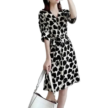 🍒Elegant love heart printied belt dresses summer short puff sleeve outfit v-neck midi dress black and white fashion wear women's clothing with three quarter sleeves You Will LOVE This HEART
