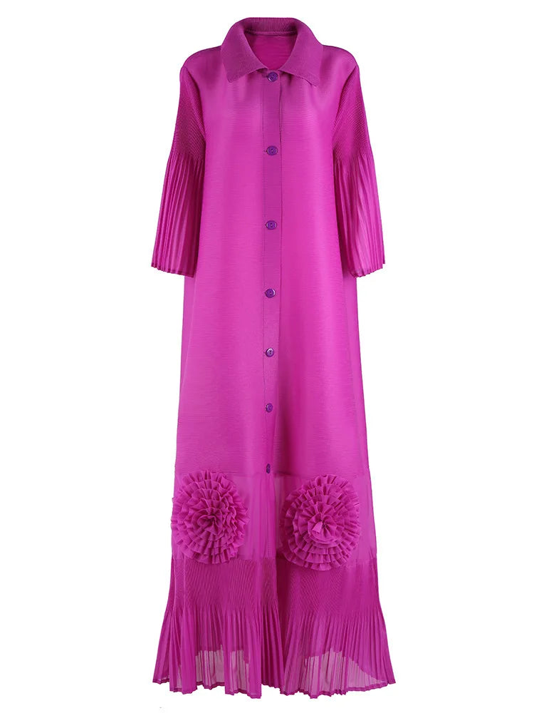 🍒Loose women's dress high-end chic lapel outfit with flared sleeves 3d floral fashion maxi  single breasted coat dress party occasion wear Flowers At Your Feet frock